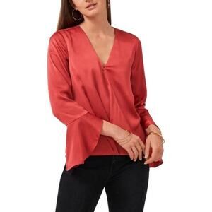 VINCE CAMUTO Bell Sleeve Satin Blouse In Rose Melody Size Medium Red Orange